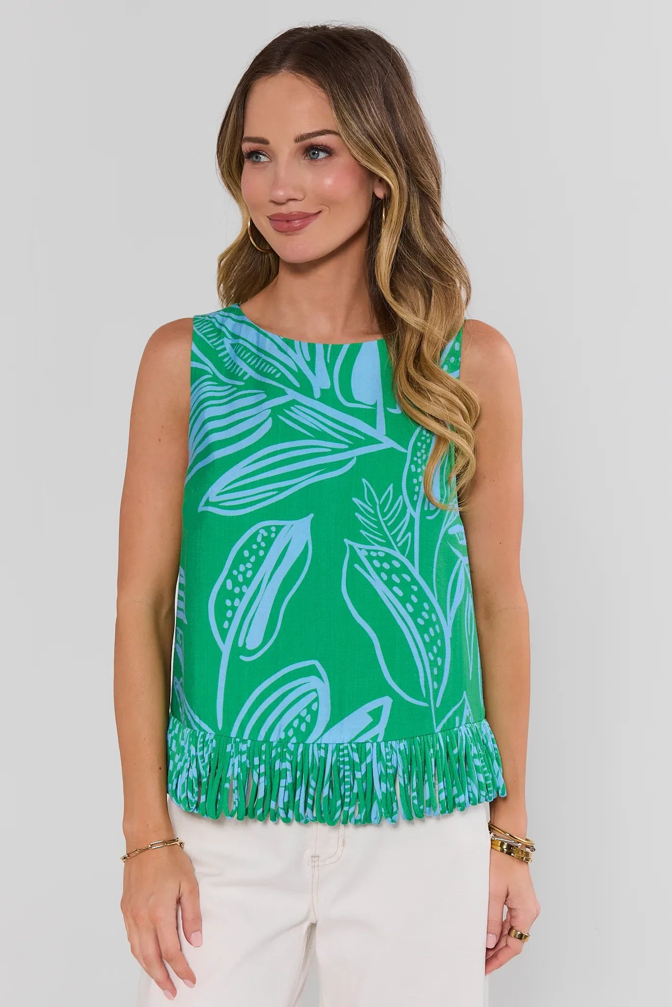 USA Fashionn | Angelina Green Printed Fringe Top